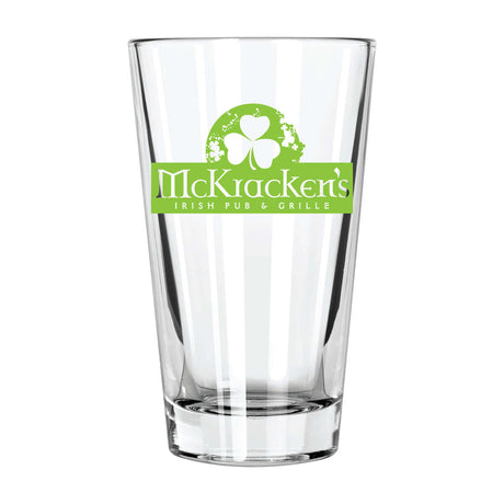 Custom 14 oz. Libbey cooler mixing glass featuring McLucken's Irish Pub & Grille logo with shamrock design.