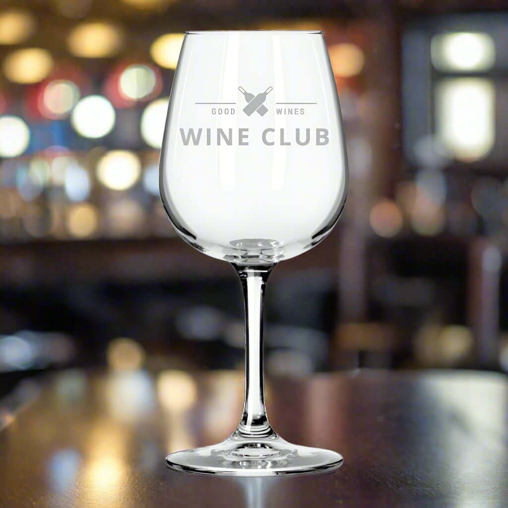 Custom 12.75 oz Wine Taster Glass with 'Good Wines Wine Club' logo, ideal for events and tastings.