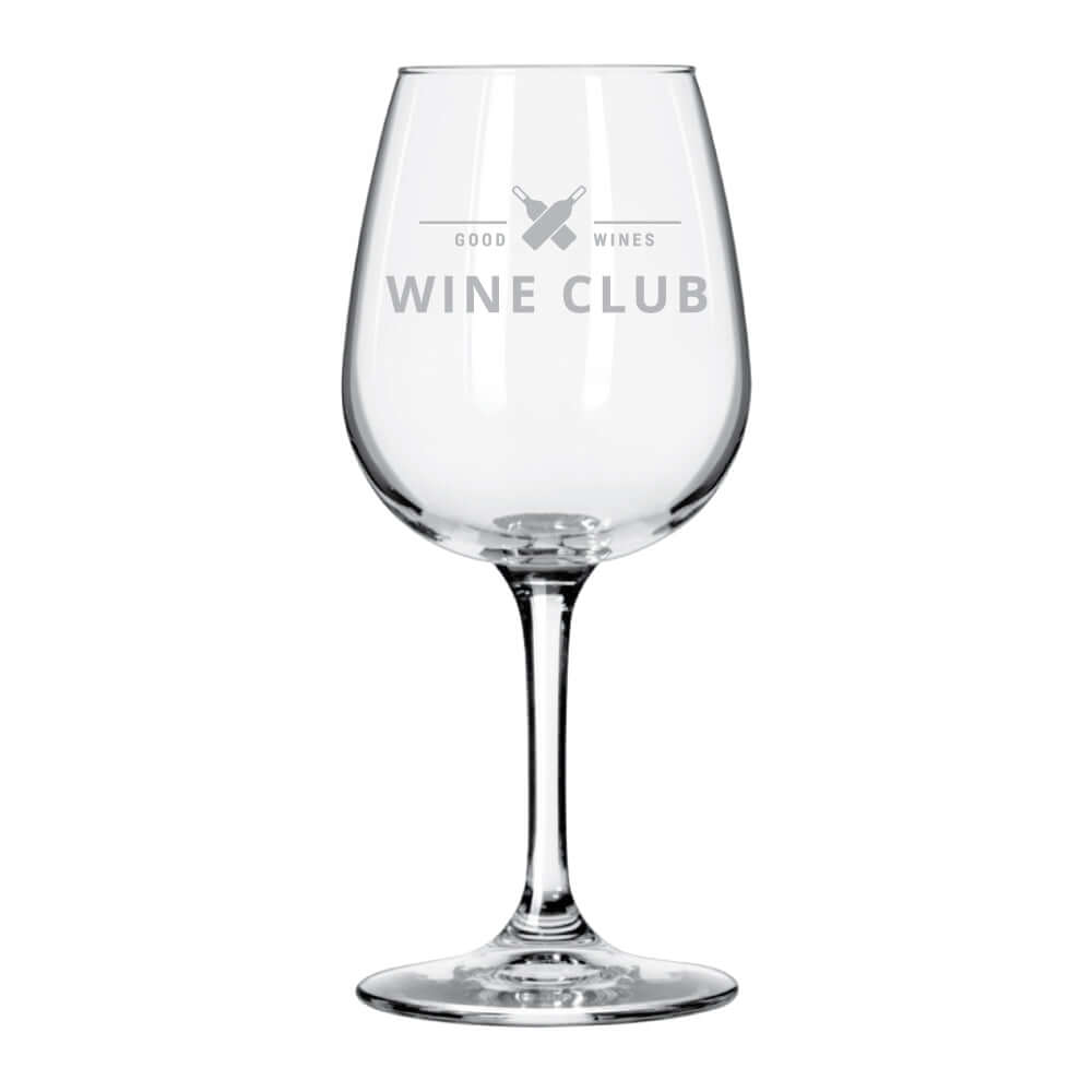 Customizable 12.75 oz wine taster glass featuring 'Wine Club' logo for tastings and events.
