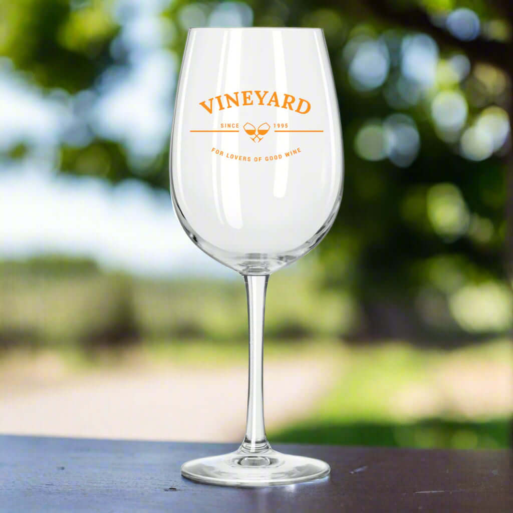 Custom 16 oz Libbey Reserve Wine Glass featuring vineyard logo, ideal for wine enthusiasts and elegant drink presentation.