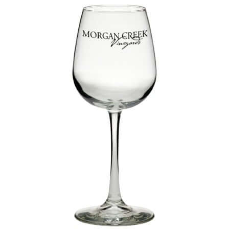 Custom 12.75 oz. Libbey Vina Wine Taster glass with Morgan Creek Vineyards logo, perfect for wine tasting events.