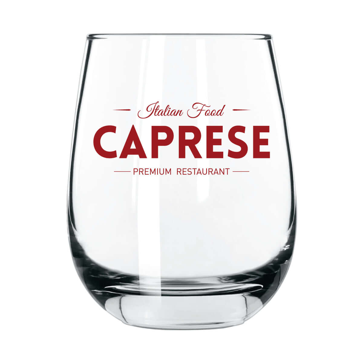 Custom 15.25 oz stemless glass featuring 'Caprese Italian Food' branding for upscale dining.