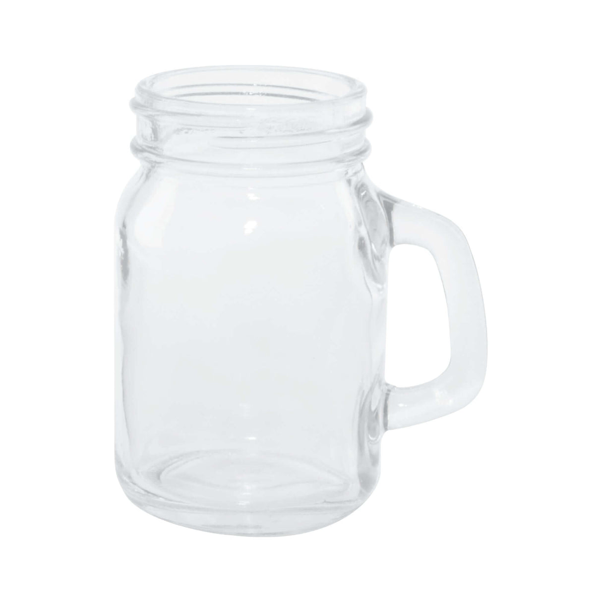 Clear 3.7 oz. mini mason drinking jar taster glass with handle for rustic drink presentation.