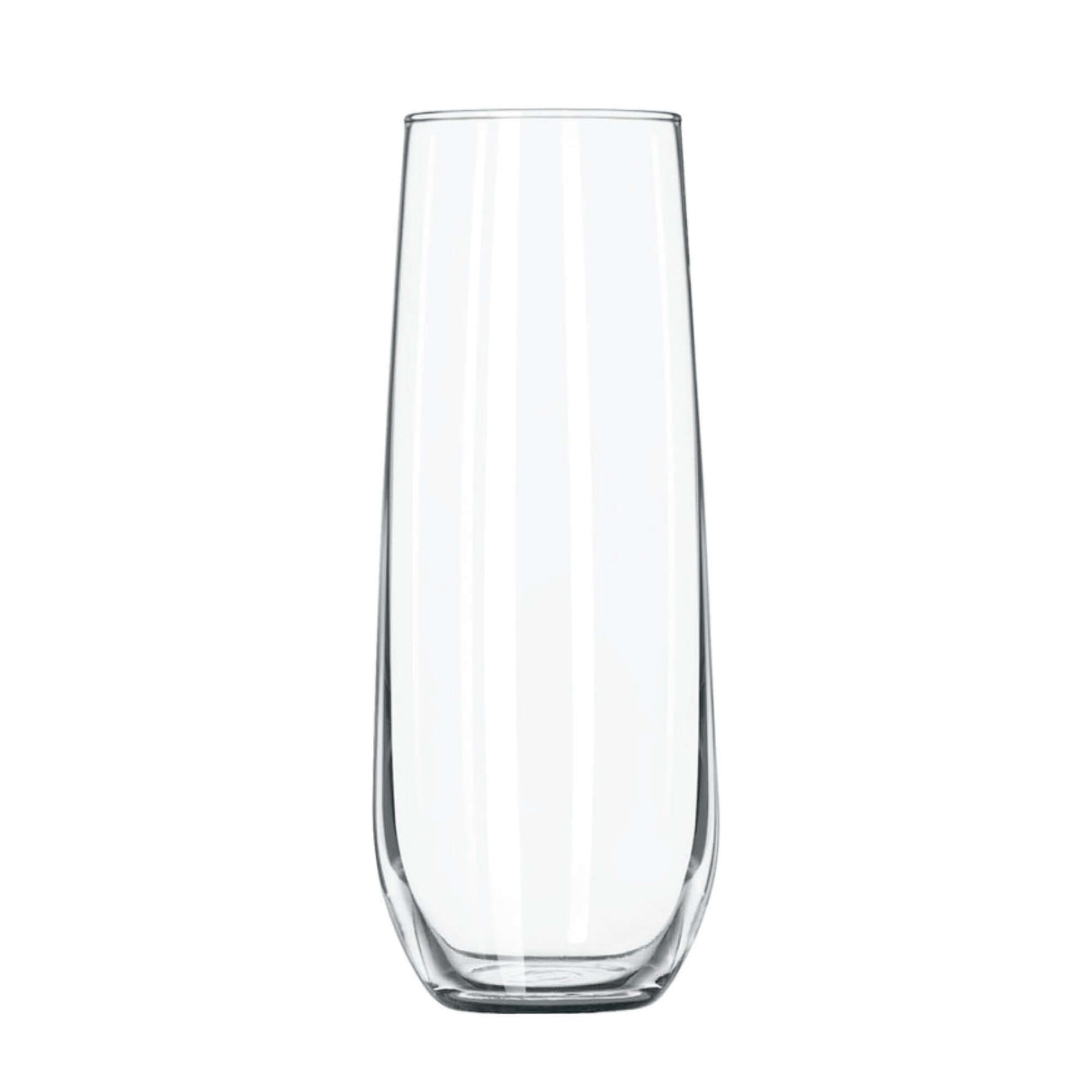Custom Libbey 8.5 oz stemless flute glass, perfect for champagne and cocktails in elegant design.