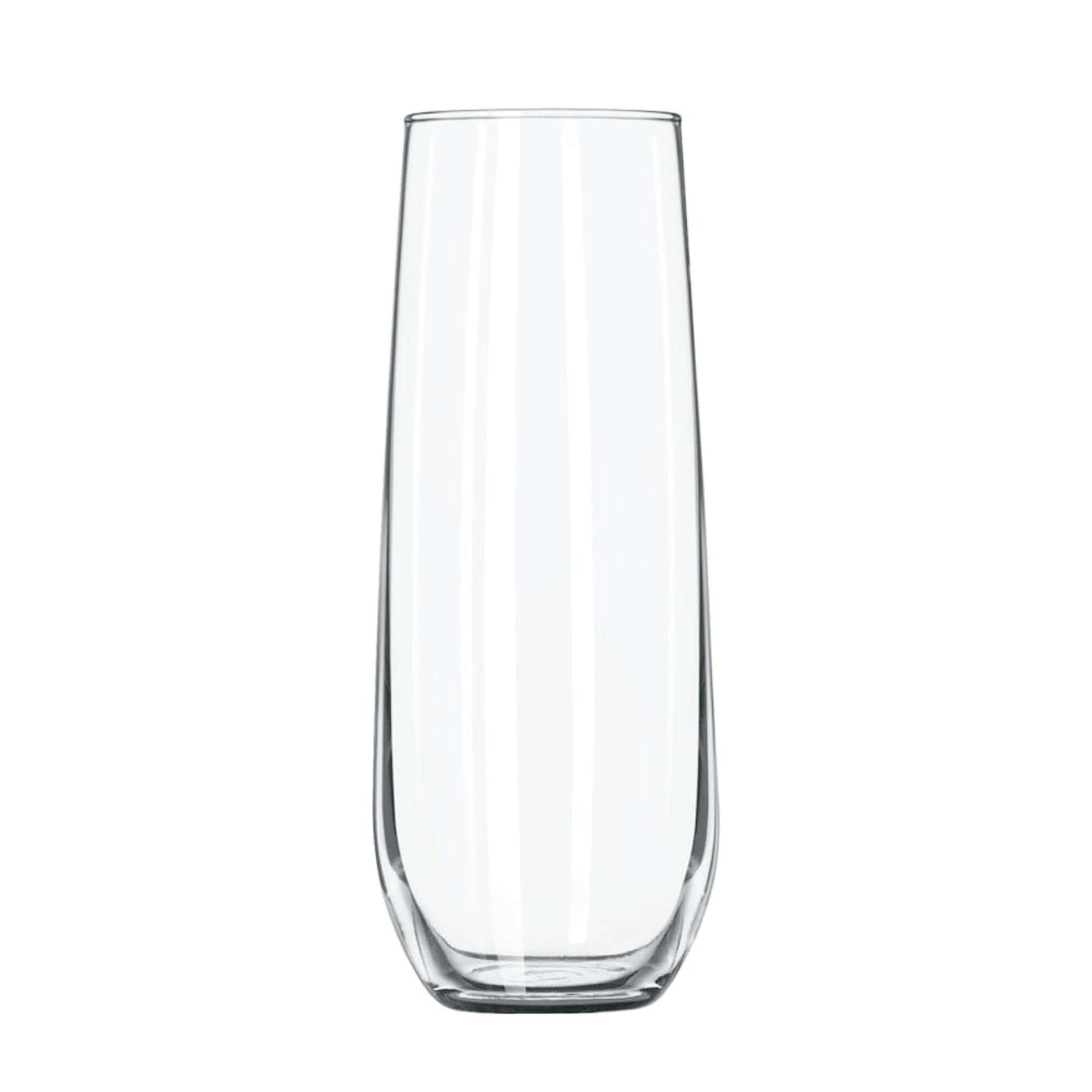 Custom Libbey 8.5 oz stemless flute glass, perfect for champagne and cocktails in elegant design.