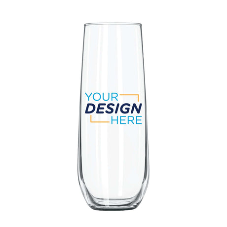 Custom Libbey 8.5 oz stemless flute with personalized design space for logos or text.