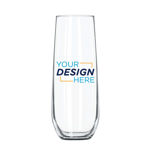 Custom Libbey 8.5 oz stemless flute with personalized design space for logos or text.