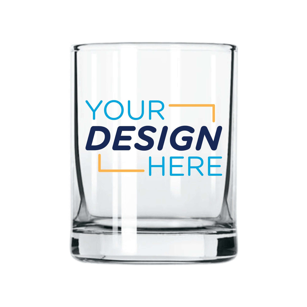 Customizable shot glass featuring 'Your Design Here' text, perfect for personalized drink presentations.