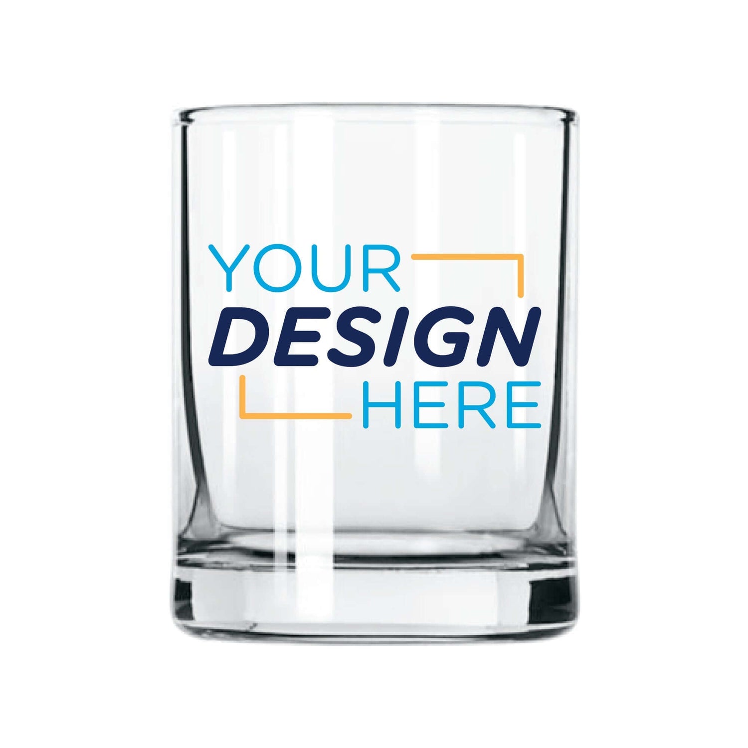 Customizable shot glass featuring 'Your Design Here' text, perfect for personalized drink presentations.