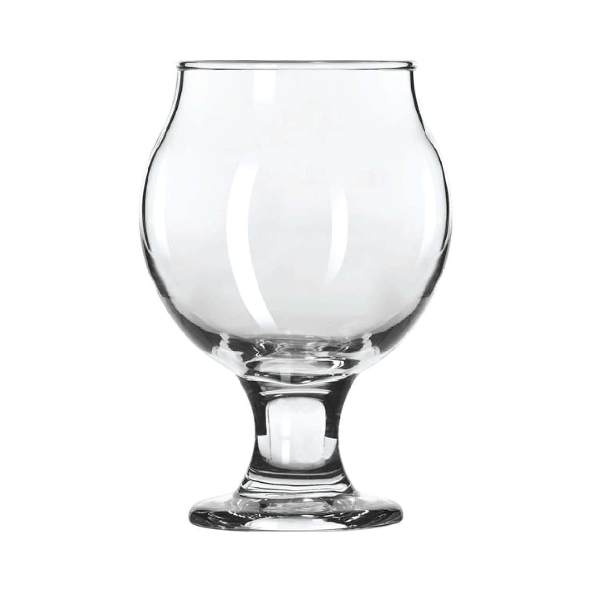 Angled view of empty 5 oz Belgian tulip taster glass, showing curved bowl, narrow rim, sturdy stem and foot with no logo
