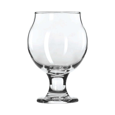 Angled view of empty 5 oz Belgian tulip taster glass, showing curved bowl, narrow rim, sturdy stem and foot with no logo