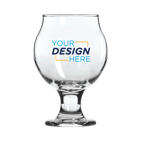 Clear 5 oz Belgian‑style tulip taster glass with short stem and flared rim, featuring full‑color "Your Design Here" logo printed on bowl
