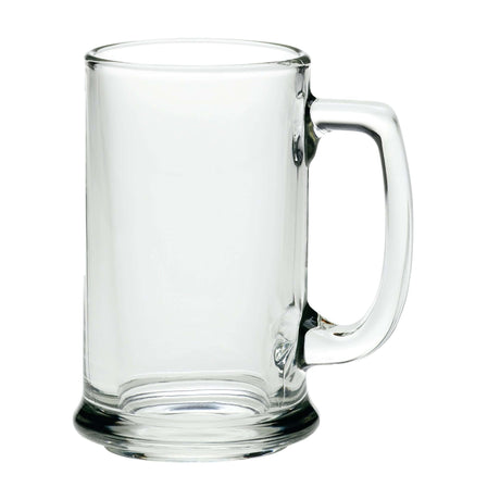 Custom 15 oz Libbey handled glass mug with a classic design, perfect for hot or cold beverages.