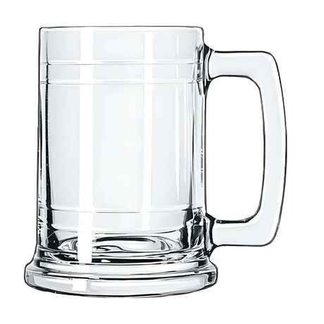 Empty clear 15 oz Maritime glass mug angled to show barrel‑shaped profile, thick handle, and solid weighted base