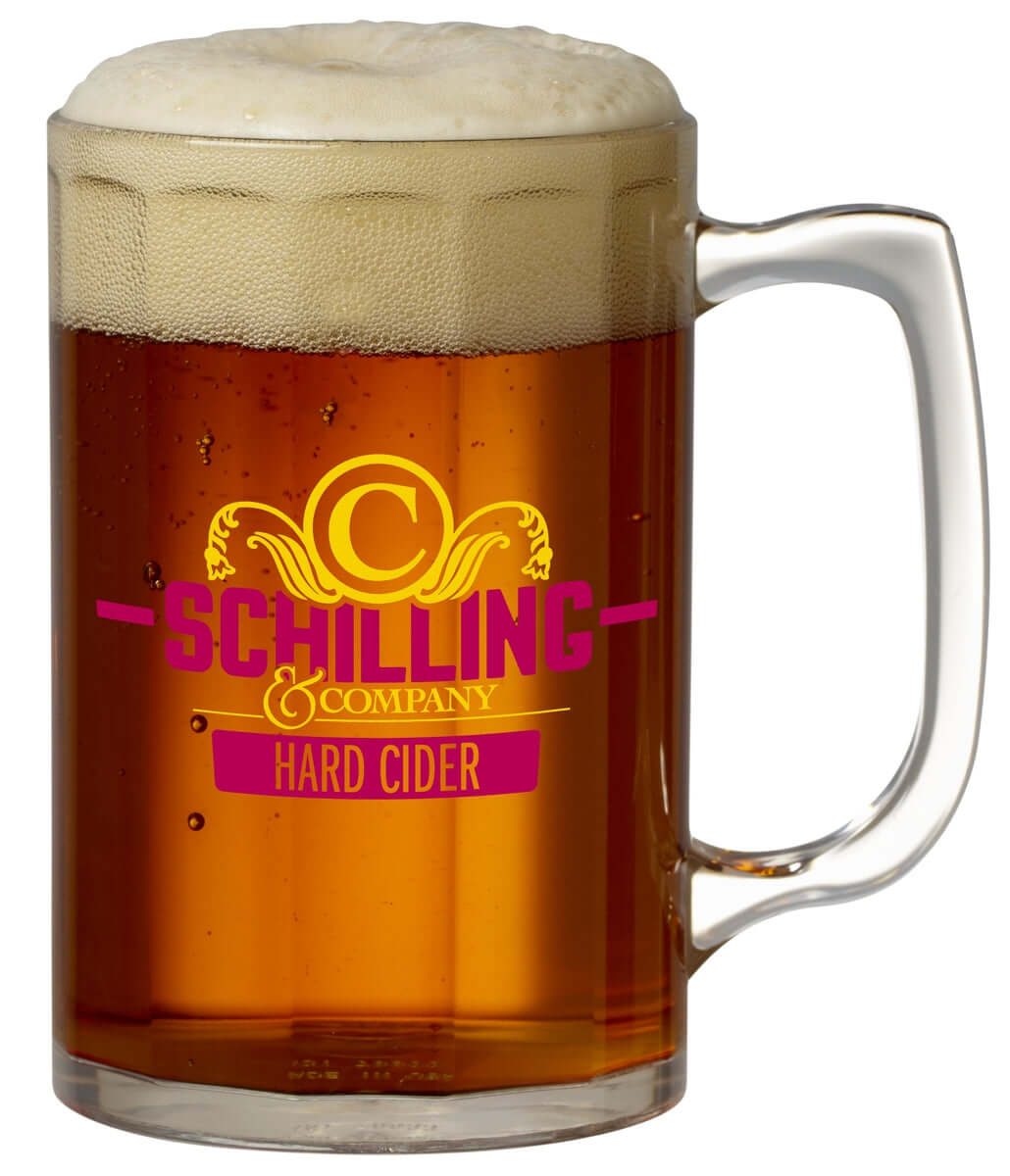 Custom glass mug filled with hard cider, featuring a vibrant logo design and frothy head.