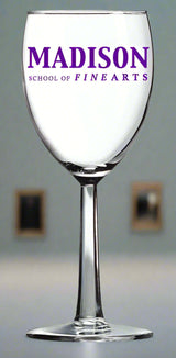 Custom Arc Grand Noblesse Wine Glass featuring Madison School of Fine Arts logo in vibrant purple print.