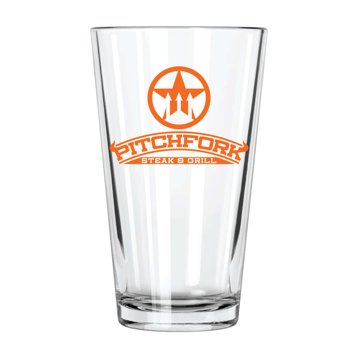 Custom 16 oz clear pint glass featuring Pitchfork Steak & Grill logo in orange.