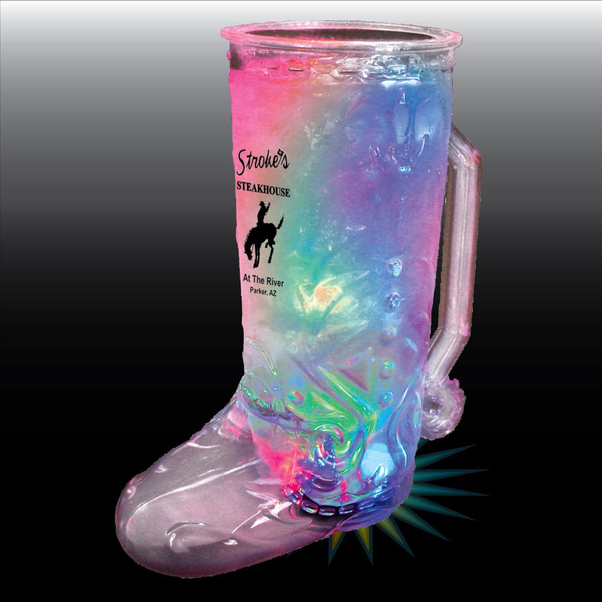 20oz plastic cowboy boot mug with handle, features LED lights in vibrant colors and western design.