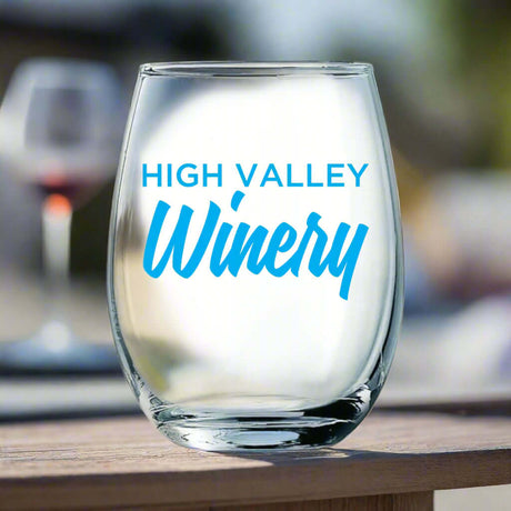 Custom Arc stemless wine taster glass featuring 'High Valley Winery' printed in blue.