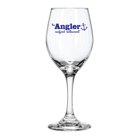 Custom 11 oz Libbey Perception Wine Glass with the Angler Seafood Restaurant logo for dining experiences.