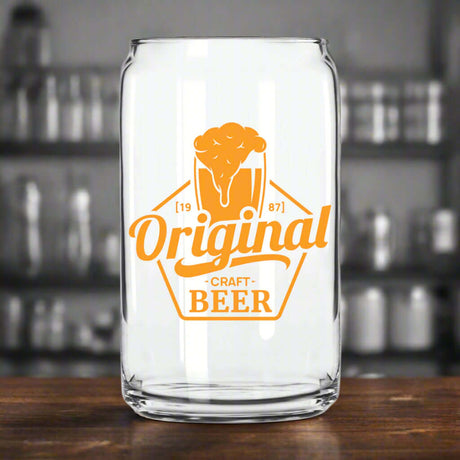 Custom 16 oz Arc Can Beer Glass with Original Craft Beer design, perfect for bars and promotional events.