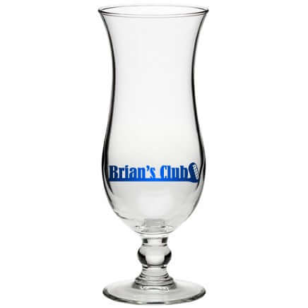 Custom Libbey 14.5 oz Squall Hurricane Glass featuring Brian's Club logo in vibrant blue.