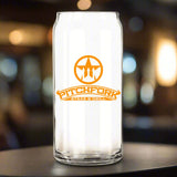 Custom Libbey 20 oz. Can Glass featuring Pitchfork Steak & Grill logo on a blurred background.