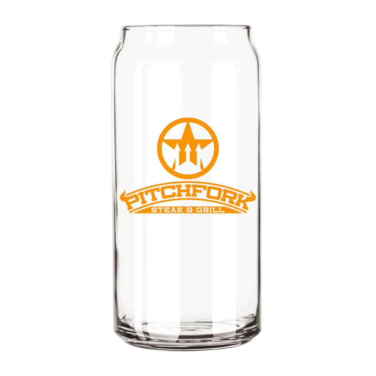 Custom Libbey 20 oz. can glass featuring Pitchfork Steak & Grill logo in vibrant orange.