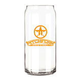 Custom Libbey 20 oz. can glass featuring Pitchfork Steak & Grill logo in vibrant orange.