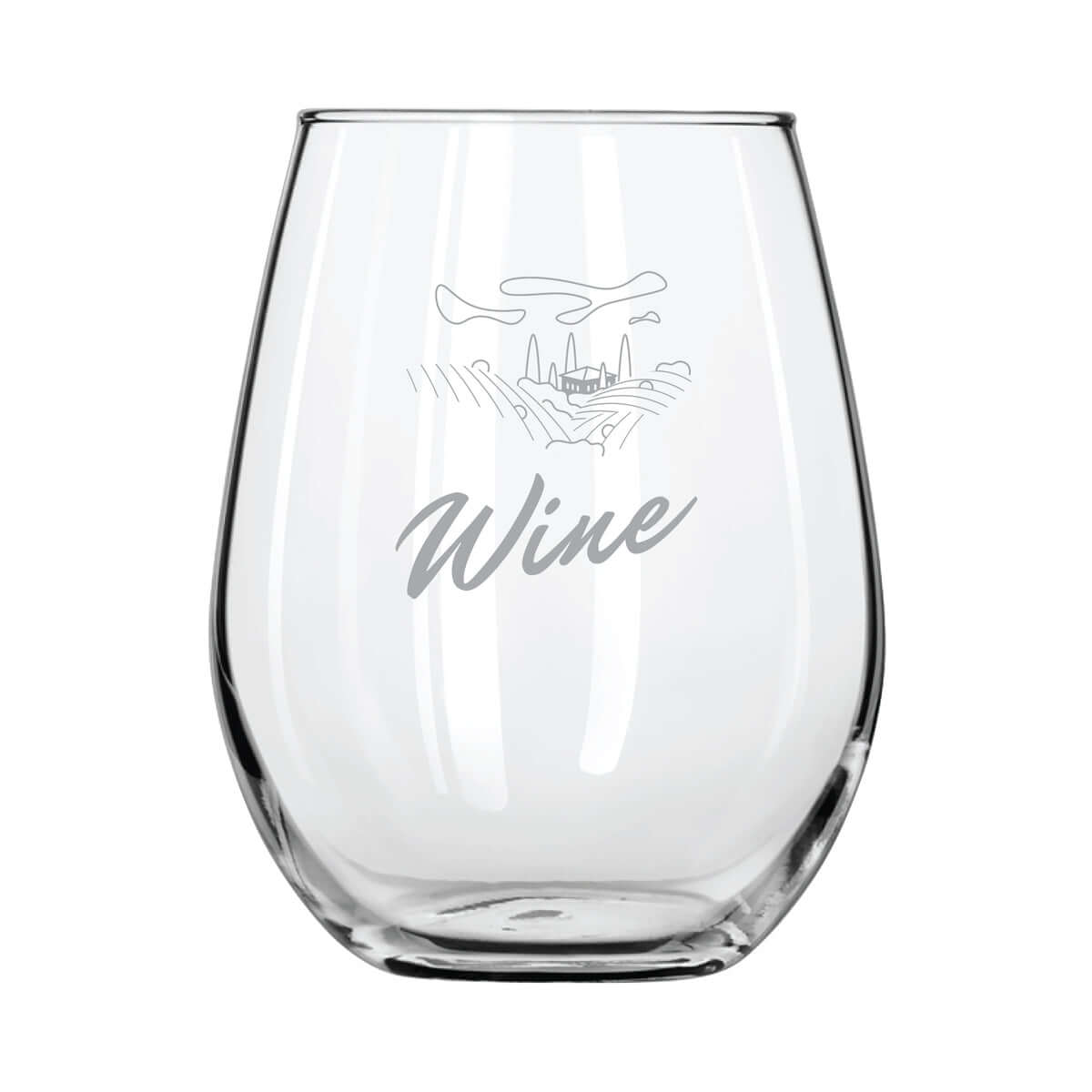Custom 11.75 oz Libbey stemless wine glass featuring elegant wine graphic and text for upscale dining.