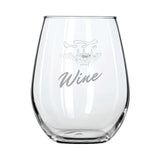 Custom 11.75 oz Libbey stemless wine glass featuring elegant wine graphic and text for upscale dining.