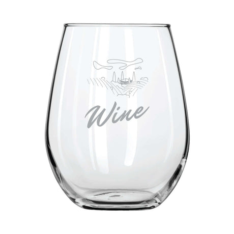Custom 11.75 oz Libbey stemless wine glass featuring elegant wine graphic and text for upscale dining.