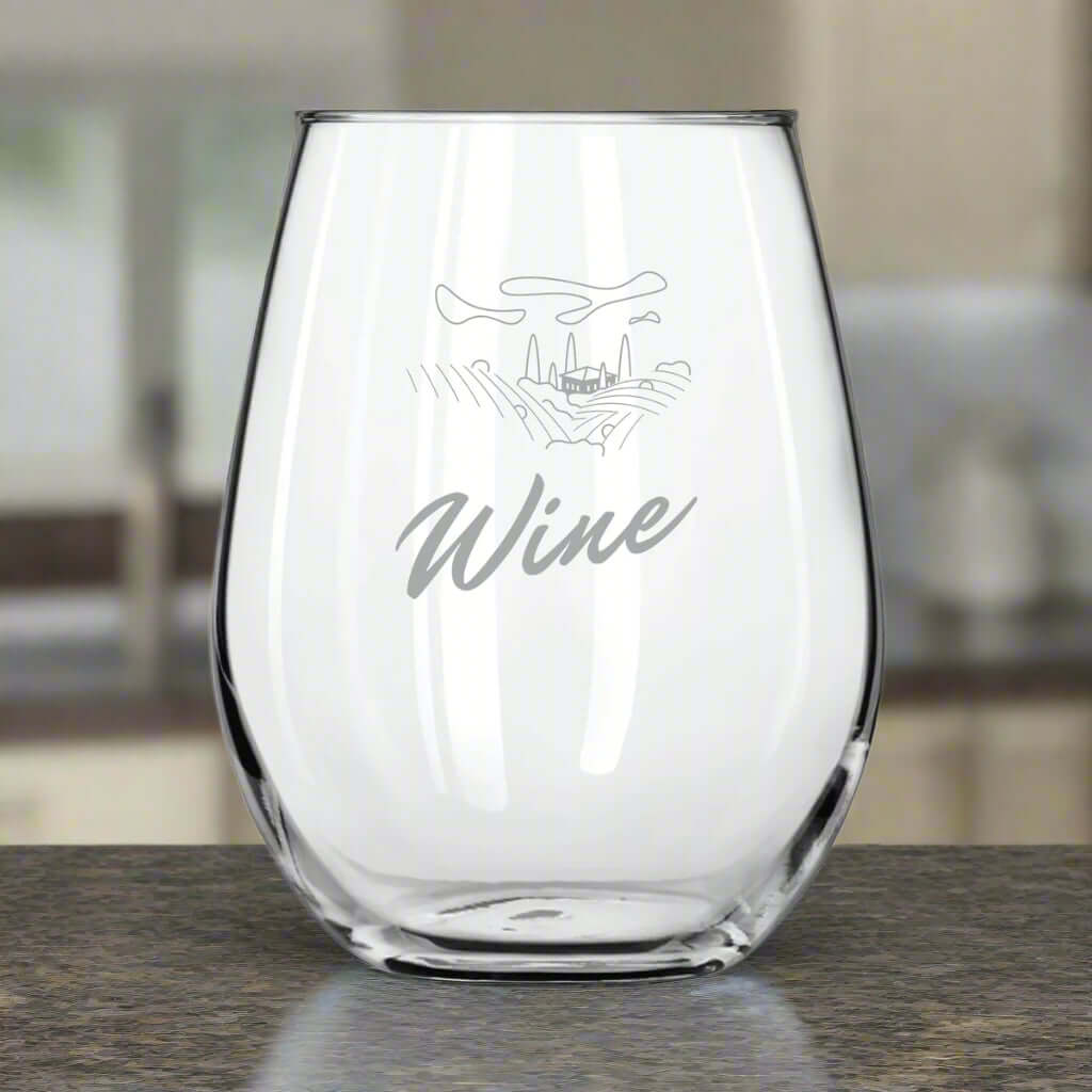 Custom 11.75 oz Libbey stemless wine glass with elegant wine design and logo printing.