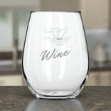 Custom 11.75 oz Libbey stemless wine glass with elegant wine design and logo printing.