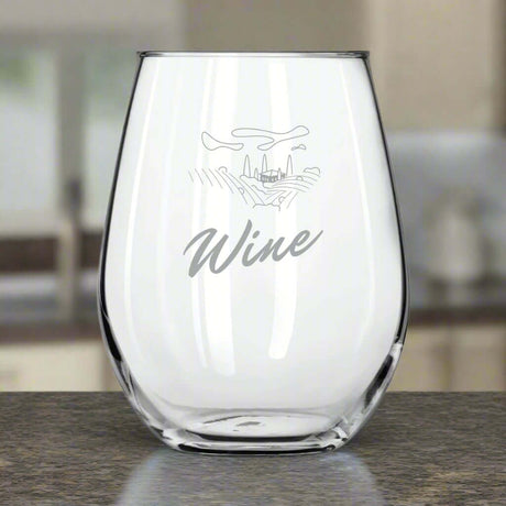 Custom 11.75 oz Libbey stemless wine glass with elegant wine design and logo printing.