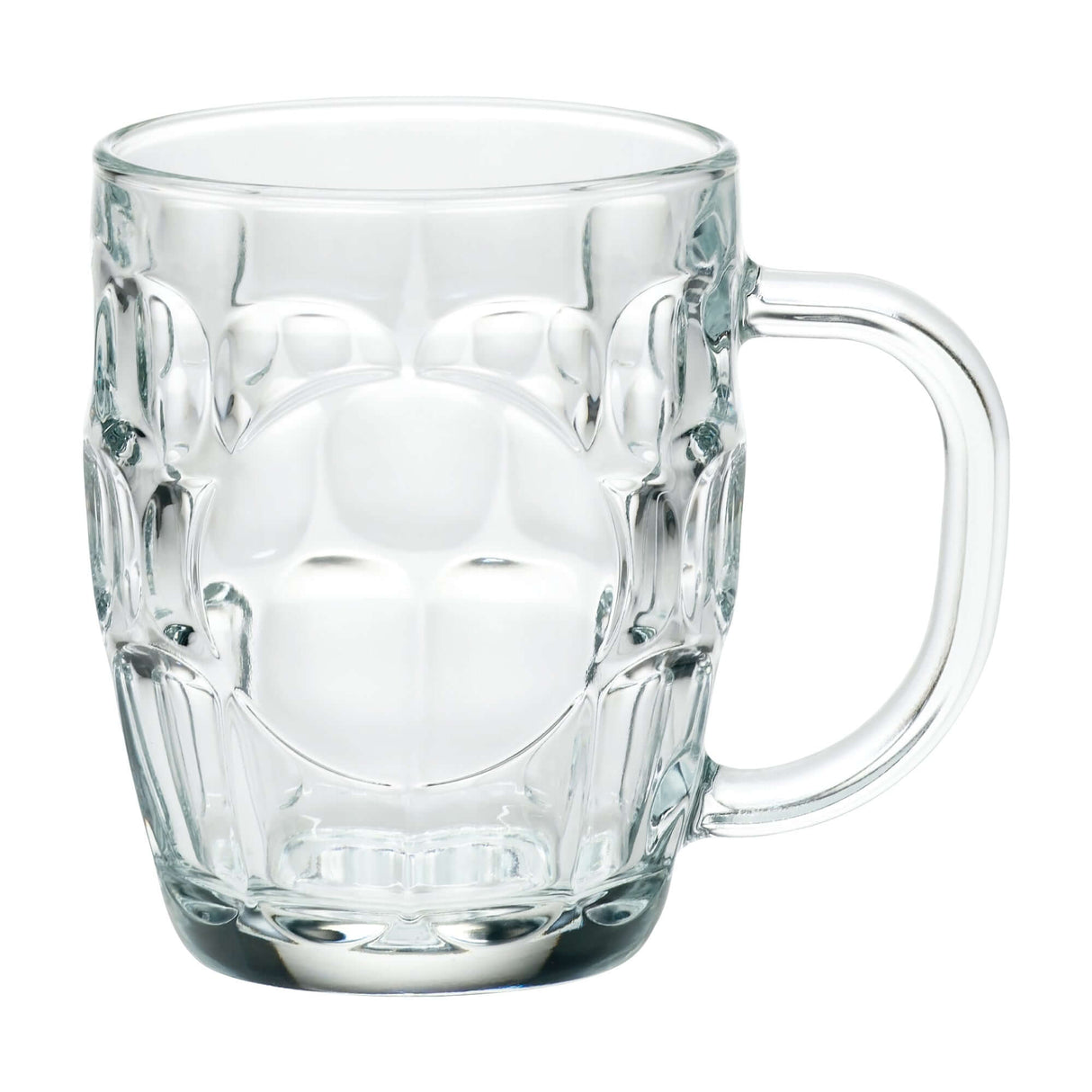 Clear 20 oz Britannia glass beer mug with molded dimpled panels, round smooth imprint window in center, and sturdy handle