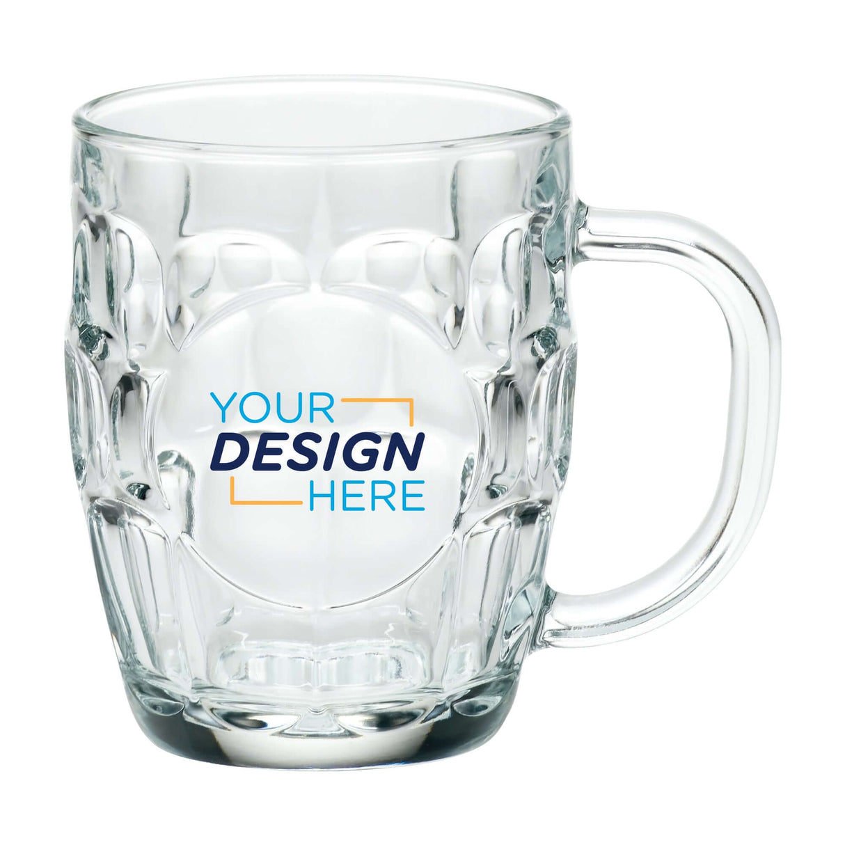 Clear 20 oz Britannia glass beer mug with dimpled sides, round central imprint window displaying a Your Design Here logo, and sturdy handle