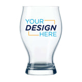 Close‑up of branded section on 16 oz Arc Barlow pilsner glass, showing vivid full‑color logo on clear glass surface