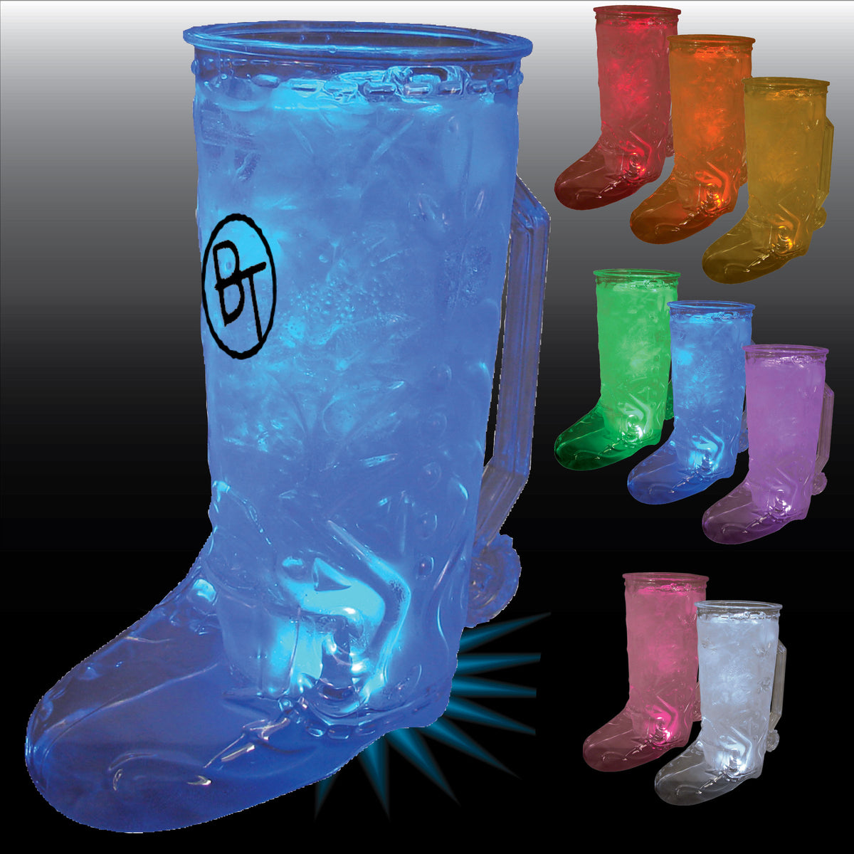 Custom 20oz cowboy boot mug in blue with colorful options, features LED lights and a handle for easy drinking.