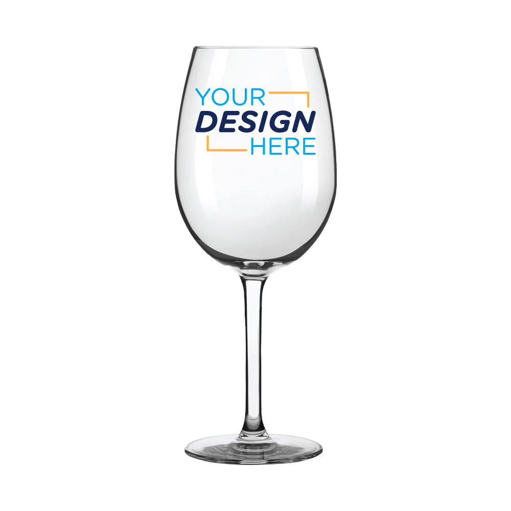 Custom logo wine glass showcasing a sleek design with the text 'YOUR DESIGN HERE' on the surface.