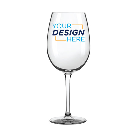 Custom logo wine glass showcasing a sleek design with the text 'YOUR DESIGN HERE' on the surface.