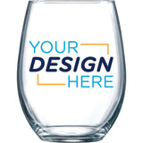 Custom 15 oz Arc Stemless Wine Glass with personalized design space for events and weddings.