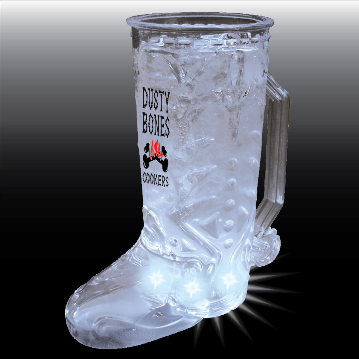 20oz plastic cowboy boot mug with LED lights, featuring Dusty Bones Cookers branding, perfect for themed parties.