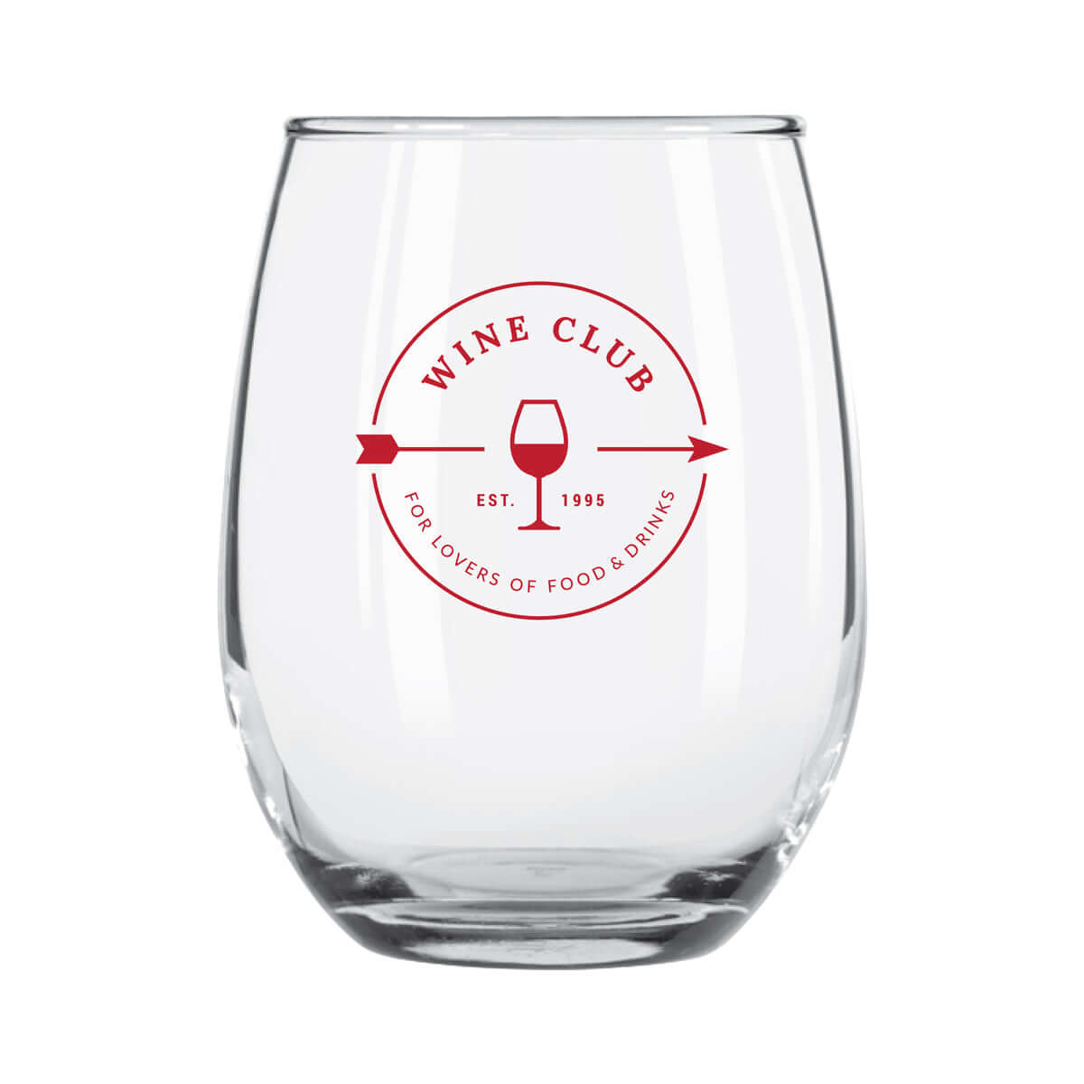 Custom Arc 9 oz stemless wine glass with 'Wine Club' logo for elegant beverage enjoyment.