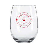 Custom Arc 9 oz stemless wine glass with 'Wine Club' logo for elegant beverage enjoyment.