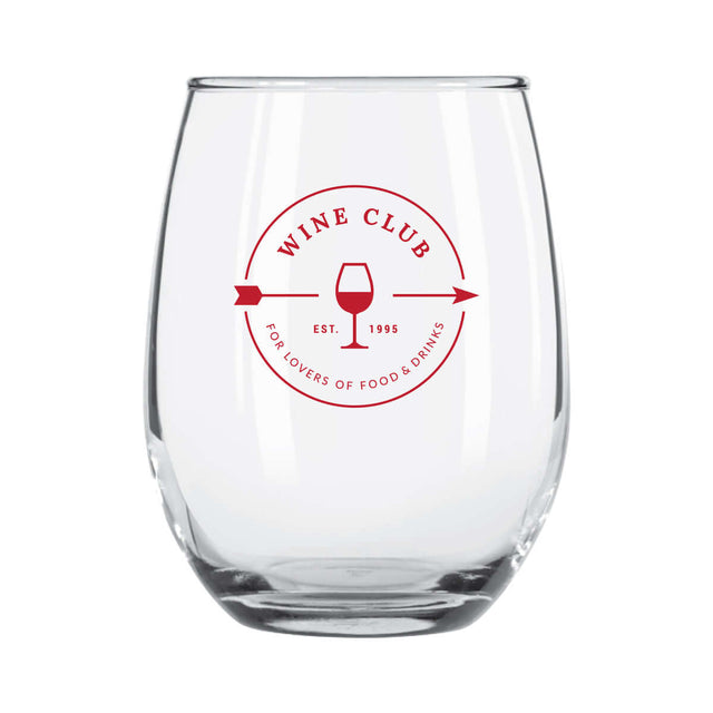 Custom Arc 9 oz stemless wine glass with 'Wine Club' logo for elegant beverage enjoyment.