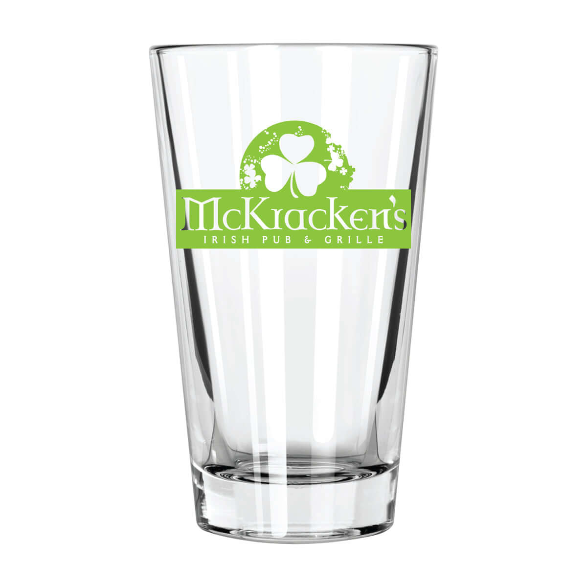 Custom 14 oz. Libbey cooler mixing glass featuring McLucken's Irish Pub & Grille logo with shamrock design.