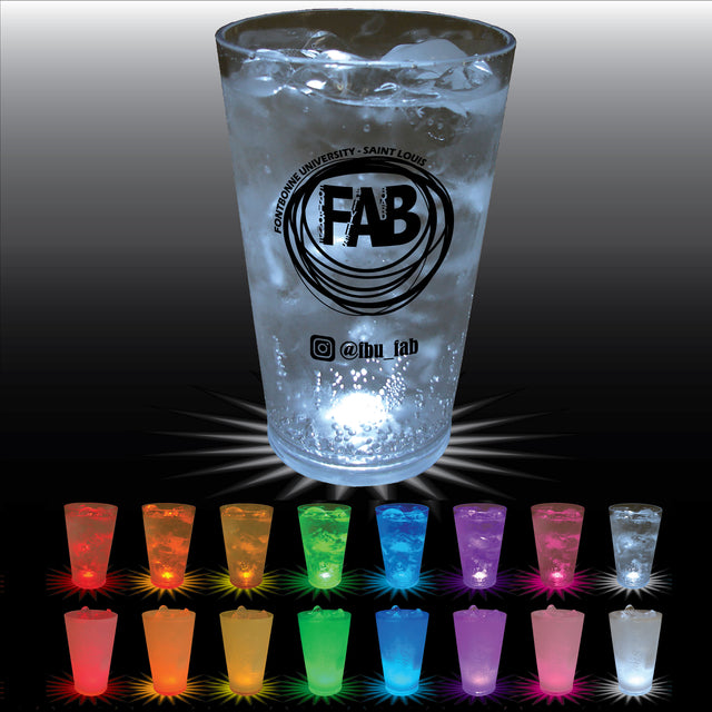 Custom 16oz light-up plastic pint cup with LED lights and logo design, perfect for events and parties.