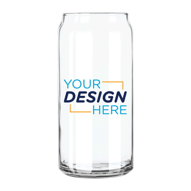 Custom Libbey 20 oz. Can Glass featuring the text 'Your Design Here' for personalized artwork display.