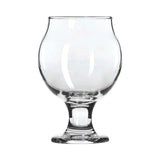 Angled view of empty 5 oz Belgian tulip taster glass, showing curved bowl, narrow rim, sturdy stem and foot with no logo